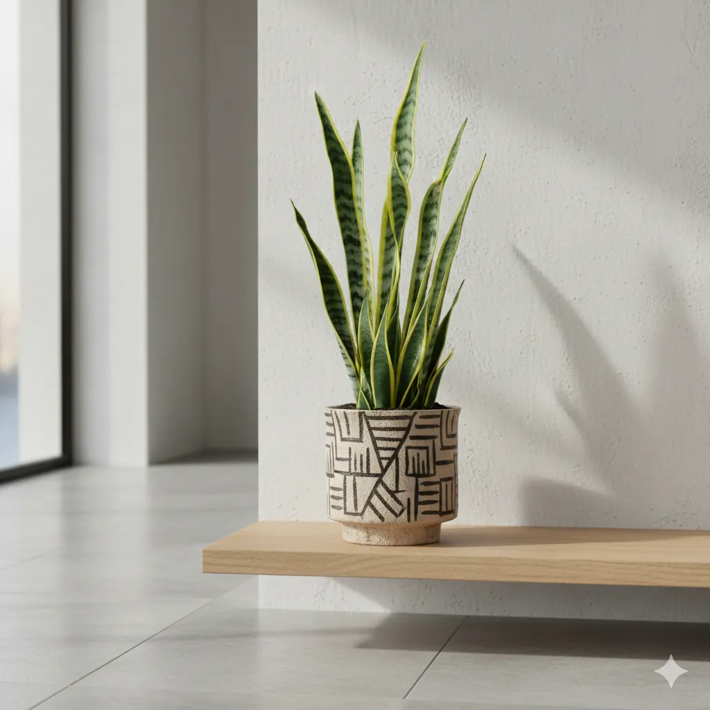 Snake Plant with tall upright variegated leaves